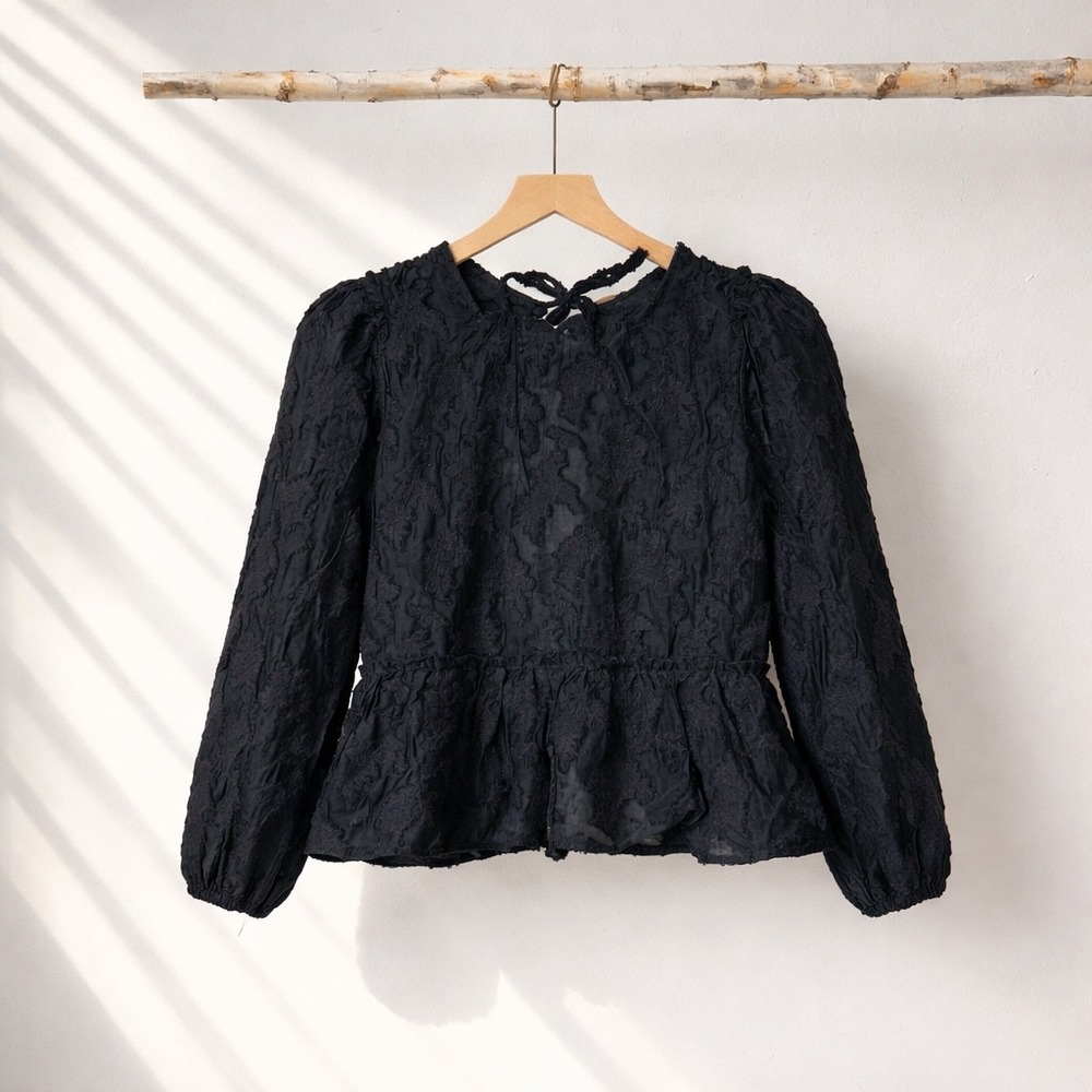 Free People Peplum Blouse Women Large Black Floral Textured Whimsigoth Fairycore